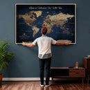 Framed Custom World Map Canvas Print - Deep Blue World Map