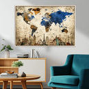 World Map Canvas Print – Vintage Blue and Gold World Map