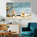 Seashells on Rustic Wooden Background, Seashells Wall Art