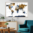 Modern Abstract World Map Canvas Wall Art – Framed Blue and
