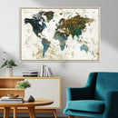 Vintage World Map Wall Art Canvas Print, Framed Rustic Earth