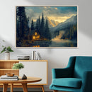 Mountain Cabin by the Lake at Sunset Wall Art - Serene