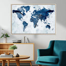 Modern Blue World Map Canvas Print – Framed Wall Art,
