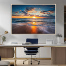Sunset on the Ocean Beach with Waves, Reflections on Sand,