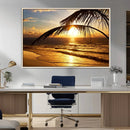 Golden Tropical Beach Sunset Canvas Triptych, Coastal Palm