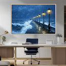 Stormy Ocean Pier Lights Canvas Wall Art Print - Large Moody