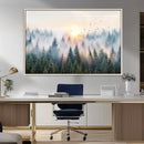 Misty Pine Forest Wall Art Canvas, Sunrise Over Foggy Trees
