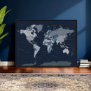 Blue Detailed World Map Wall Art Canvas Print, Modern Framed