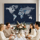 Blue Detailed World Map Wall Art Canvas Print, Modern Framed