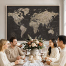 World Map Canvas Wall Art Dark Charcoal Antique Tan Detailed