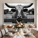 Black White Texas Longhorn Bull Canvas Wall Art, Western Ranch Cattle Photography Print, Rustic Farmhouse Cowboy Decor Artwork