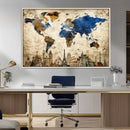 World Map Canvas Print – Vintage Blue and Gold World Map