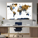 Modern Abstract World Map Canvas Wall Art – Framed Blue and