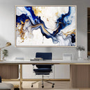 Golden Cascades on Midnight Blue – Deep Blue Abstract Wall