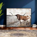Vintage Texas Cow Wall Art Canvas Print, Rustic Longhorn
