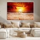 Red Sunset Ocean Beach Canvas Wall Art Beach Canvas, Coastal