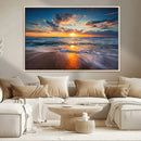 Sunset on the Ocean Beach with Waves, Reflections on Sand,