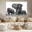 Black White Elephant Family Wall Art Canvas Print