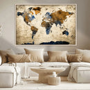 World Map Wall Art – Antique Style Blue and Brown Map Canvas