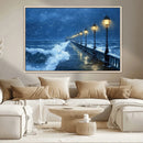Stormy Ocean Pier Lights Canvas Wall Art Print - Large Moody