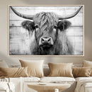 Black White Highland Cow Wall Art Canvas Print