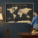 Custom Push Pin World Map Wall Art Canvas Print – Personalized Travel Tracker with Pins Framed Large for Home and Office Decor