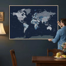 Blue Detailed World Map Wall Art Canvas Print, Modern Framed