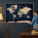 Minimalist World Map Canvas Wall Art - Watercolor Blue and