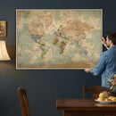 World Map Wall Art Canvas Print, Rustic Map Print, Framed