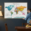 Custom Push Pin Watercolor World Map Canvas Wall Art Print –