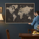 Custom World Map with Pins Canvas Wall Art Dark Charcoal