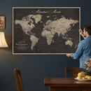 Custom World Map with Pins Canvas Wall Art Dark Charcoal