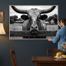 Black White Texas Longhorn Bull Canvas Wall Art, Western Ranch Cattle Photography Print, Rustic Farmhouse Cowboy Decor Artwork