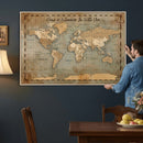 Vintage Personalized Push Pin World Map, Vintage Travel Map Canvas, Custom Names Anniversary Gift, Places Visited Pin Board, Couples Adventure Art