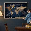Framed Custom World Map Canvas Print - Deep Blue World Map