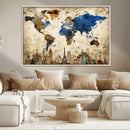 World Map Canvas Print – Vintage Blue and Gold World Map