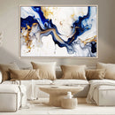 Golden Cascades on Midnight Blue – Deep Blue Abstract Wall