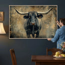 Texas Longhorn Bull Wall Art – Framed Rustic Cow Canvas