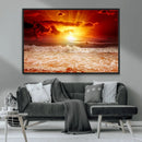 Red Sunset Ocean Beach Canvas Wall Art Beach Canvas, Coastal