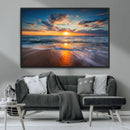 Sunset on the Ocean Beach with Waves, Reflections on Sand,