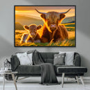 Scottish Cow and Baby Cow Canvas Wall Art Animal Print