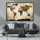 World Map Wall Art – Antique Style Blue and Brown Map Canvas