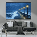 Stormy Ocean Pier Lights Canvas Wall Art Print - Large Moody