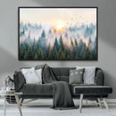 Misty Pine Forest Wall Art Canvas, Sunrise Over Foggy Trees