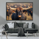 Majestic bull head close-up, long curved horns, detailed fur by MyGreatCanvas | Canvas Wall Art Prints | Photo Prints & Wall Decor