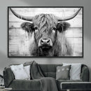 Black White Highland Cow Wall Art Canvas Print
