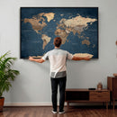Navy Blue World Map Canvas Print – Framed Travel Map Wall