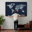 Blue Detailed World Map Wall Art Canvas Print, Modern Framed