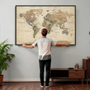 Vintage World Map Canvas Wall Art - Rustic Grunge Texture
