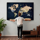 Minimalist World Map Canvas Wall Art - Watercolor Blue and